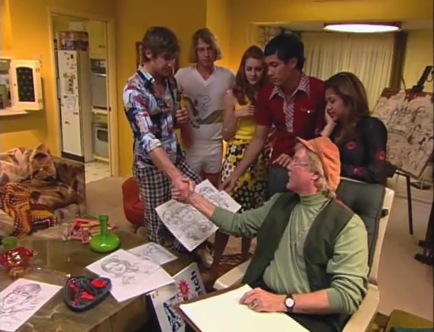 Short clip of a video of Michael drawing the last 5 remqining members of a realitiy show called Seventies; House